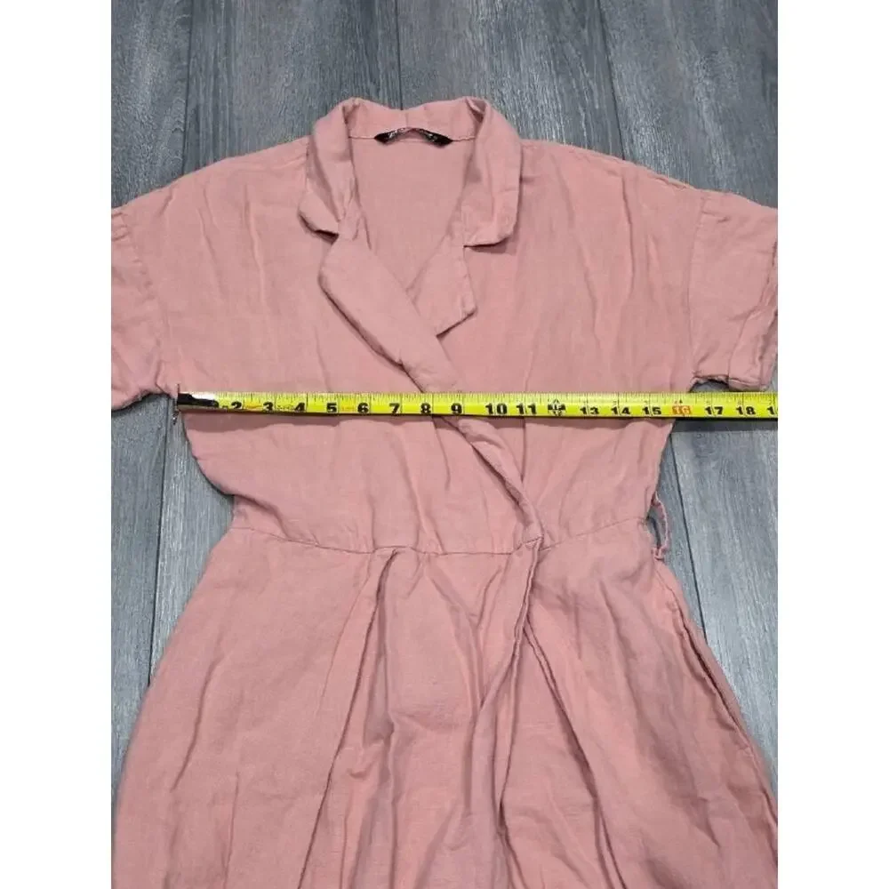 Zara Women Linen Jumpsuit Y2K Preppy V Neck Peach Short Sleeve Sz Small A004742